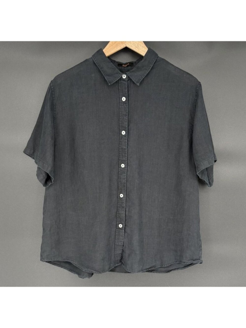 Quince Women's Linen Short Sleeve Button Down Shirt XL Black Relaxed Minimalist